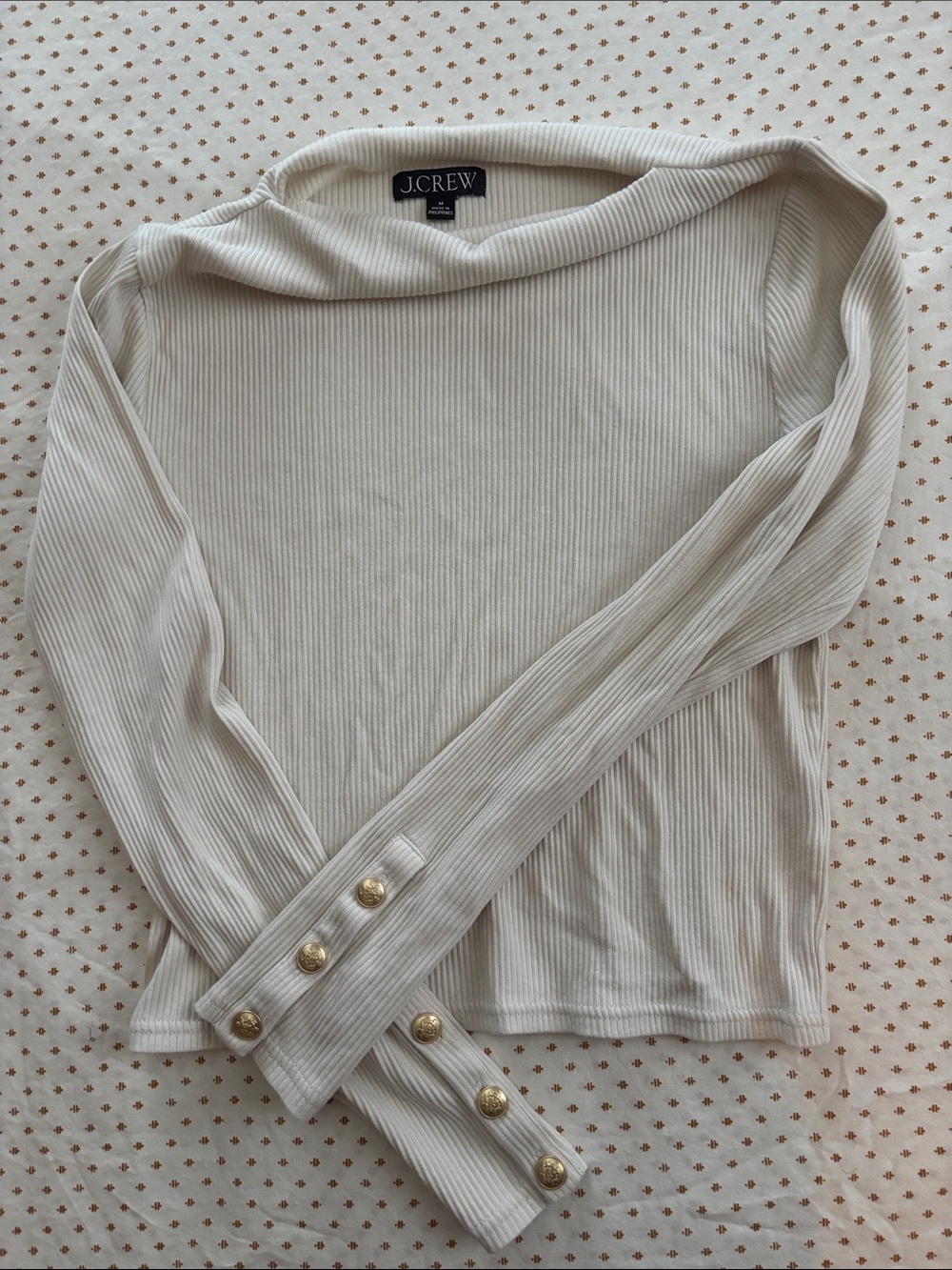 J. Crew Cream Ribbed High Neck Top with Gold Buttons